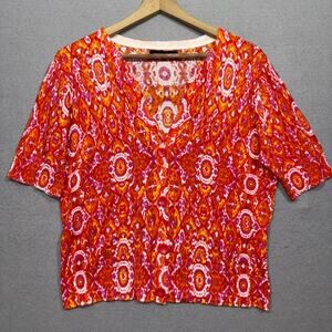 Jones New York Print Cardigan L Short Sleeve Red Pink‎ Orange Bold Statement
